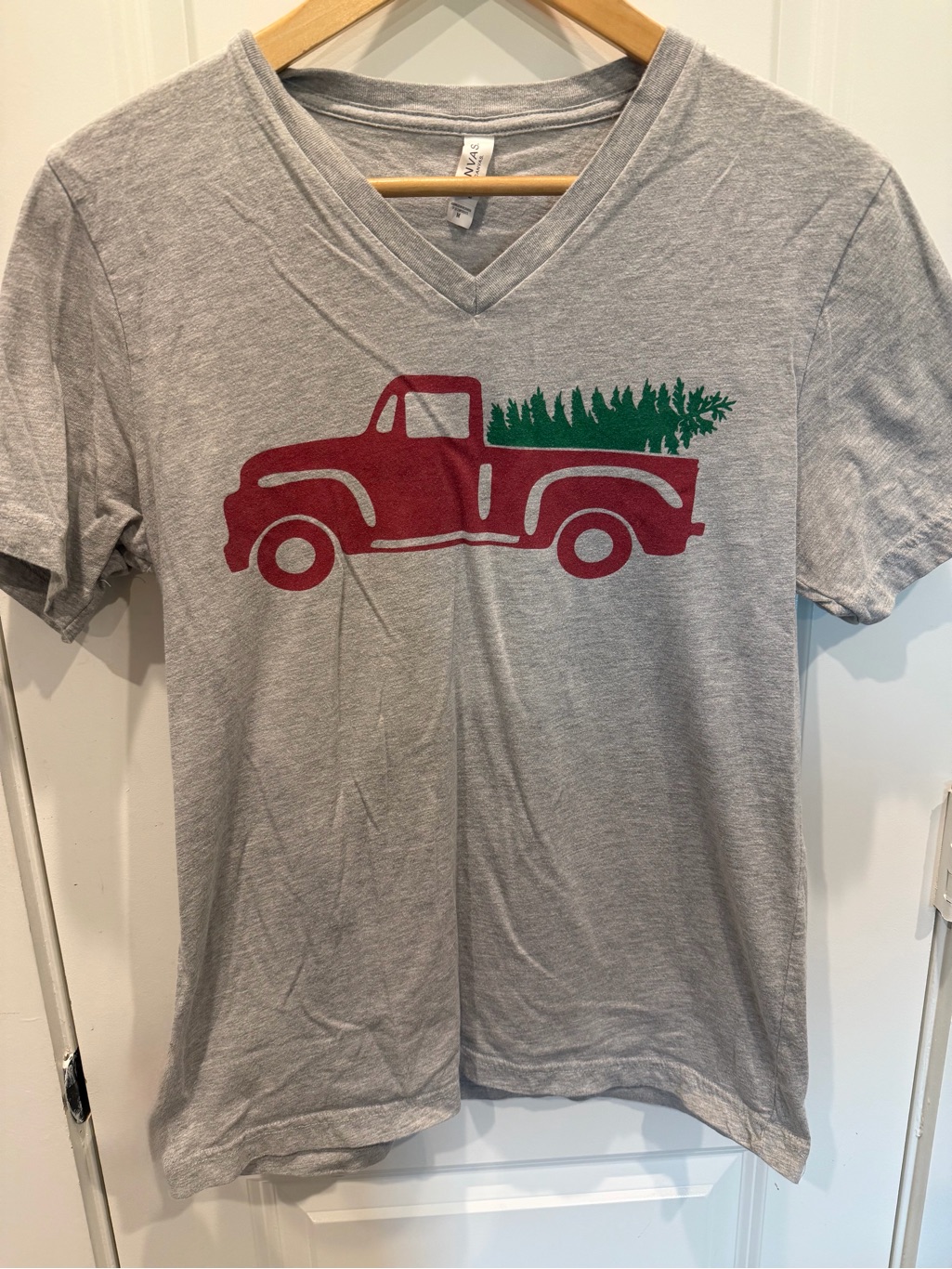 Bella Canvas Gray V-Neck Tee With Red Truck And Green Trees